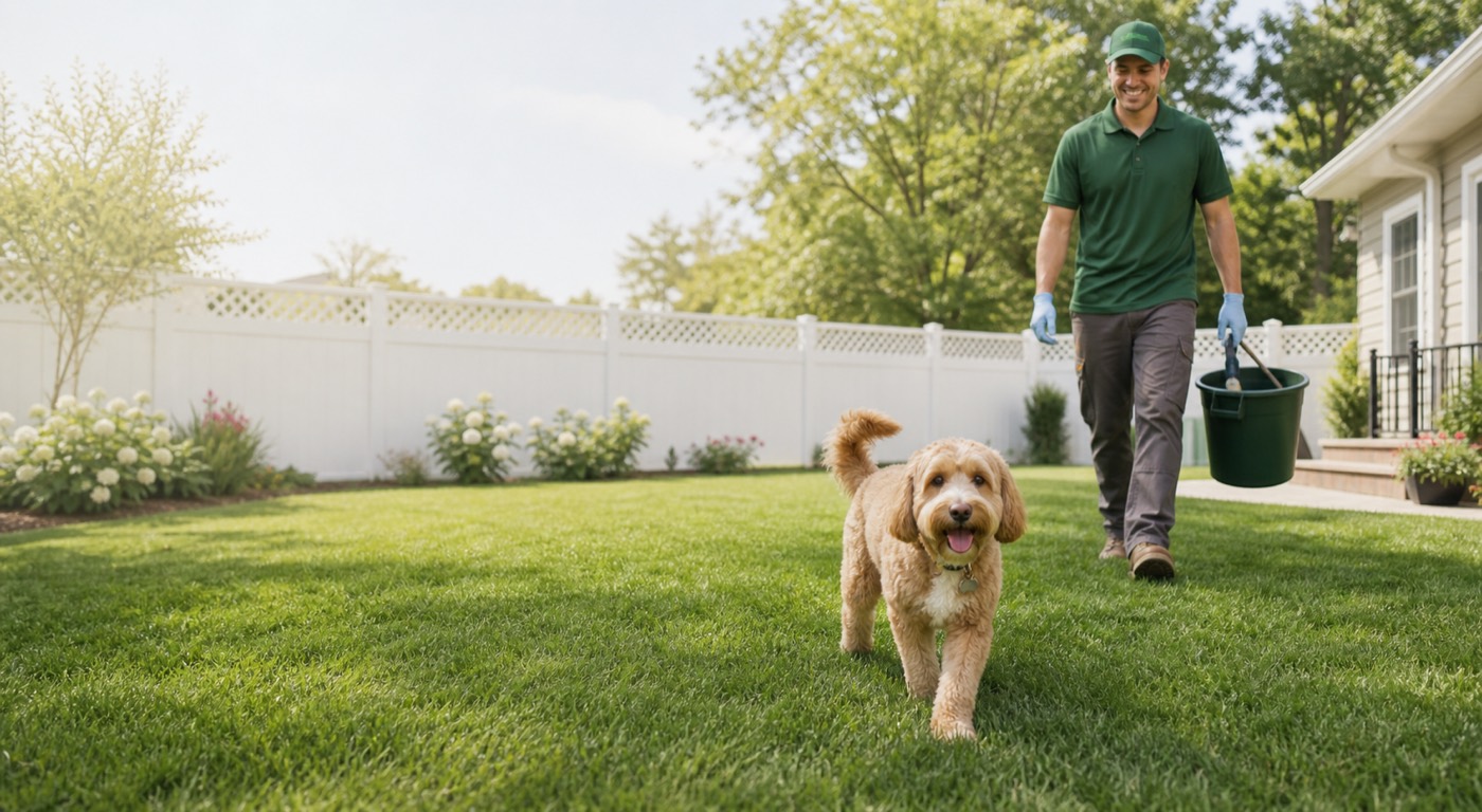 A clean backyard with a happy dog and a dog waste removal worker